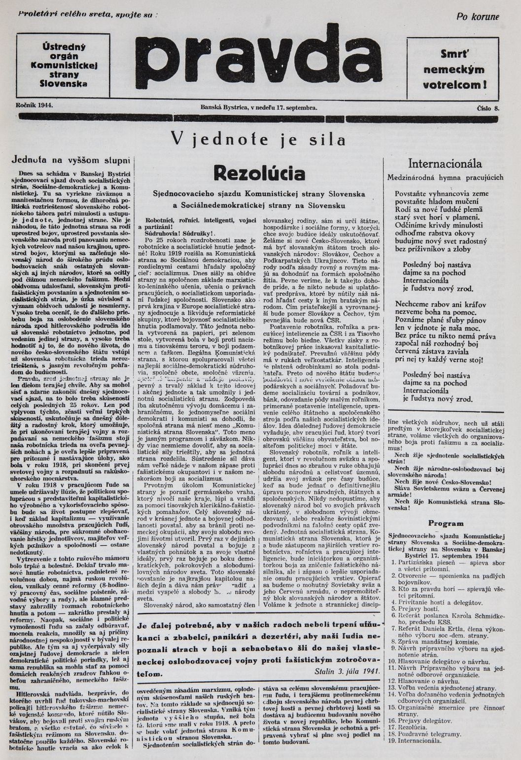 8. číslo povstaleckej Pravdy zo 17. septembra 1944.