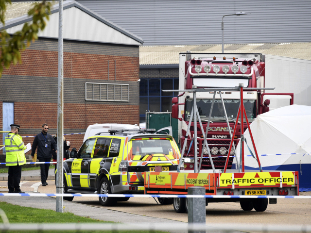 Police activity at the Waterglade Industrial Park in Grays, Essex, after 39 bodies were found inside a lorry container on the industrial estate. PA Photo. Picture date: Wednesday October 23, 2019.