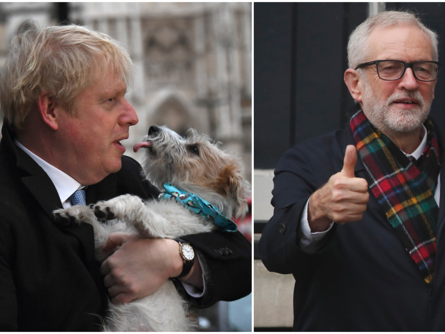 corbyn johnson voľby británia koláž