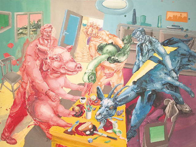 Se zvířaty ke stolu. 2016, akryl, plátno, 190 x 230 cm.
