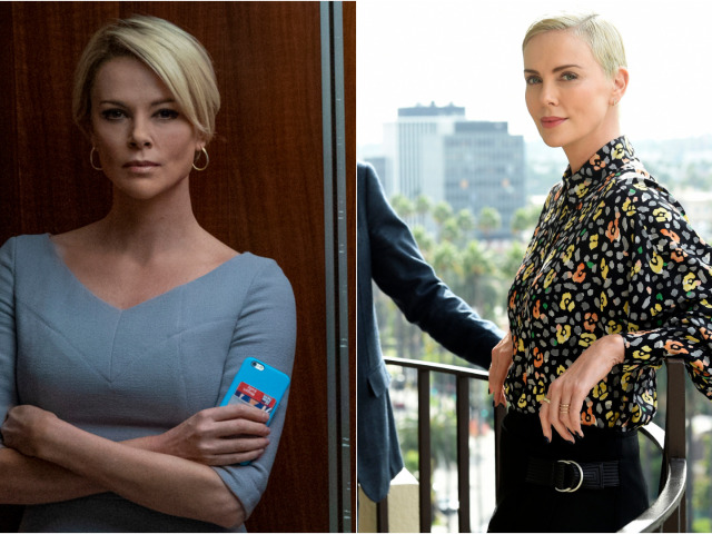 Herečka Charlize Theron ako Megyn Kelly vo filme Bombshell (vľavo) a v civile. 