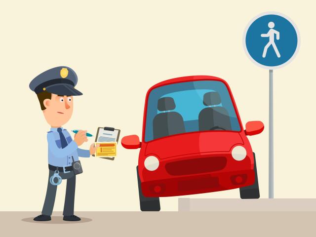 policajt, chodník, parkovanie, auto