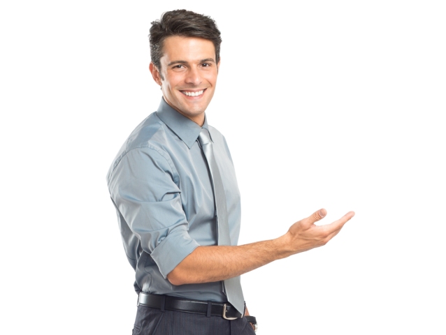 muž, košeľa, ukazovanie, úsmev