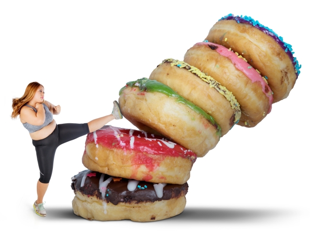 žena, obezita, šišky, donuts, boj