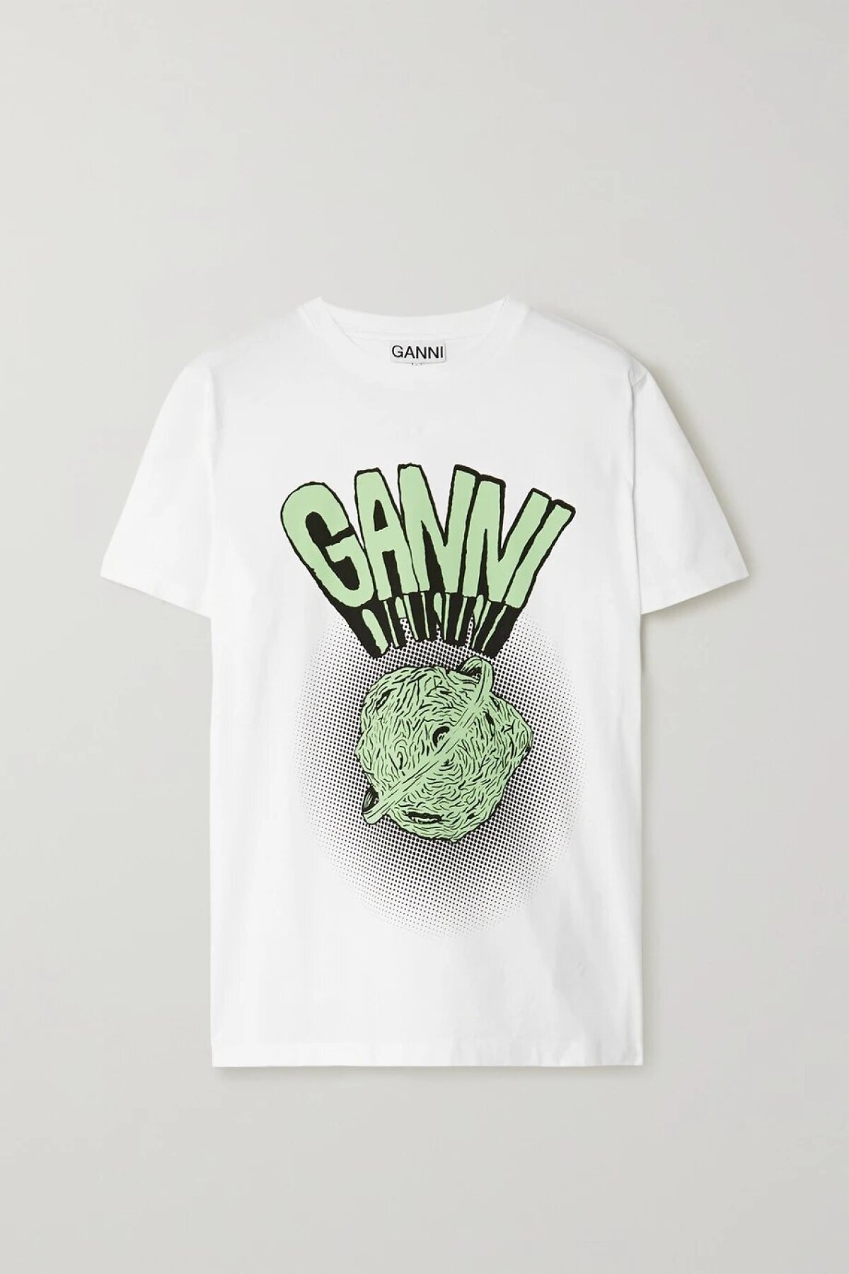 Dámske tričko s logom a animovaným motívom Ganni. Predáva sa za 85 eur. 