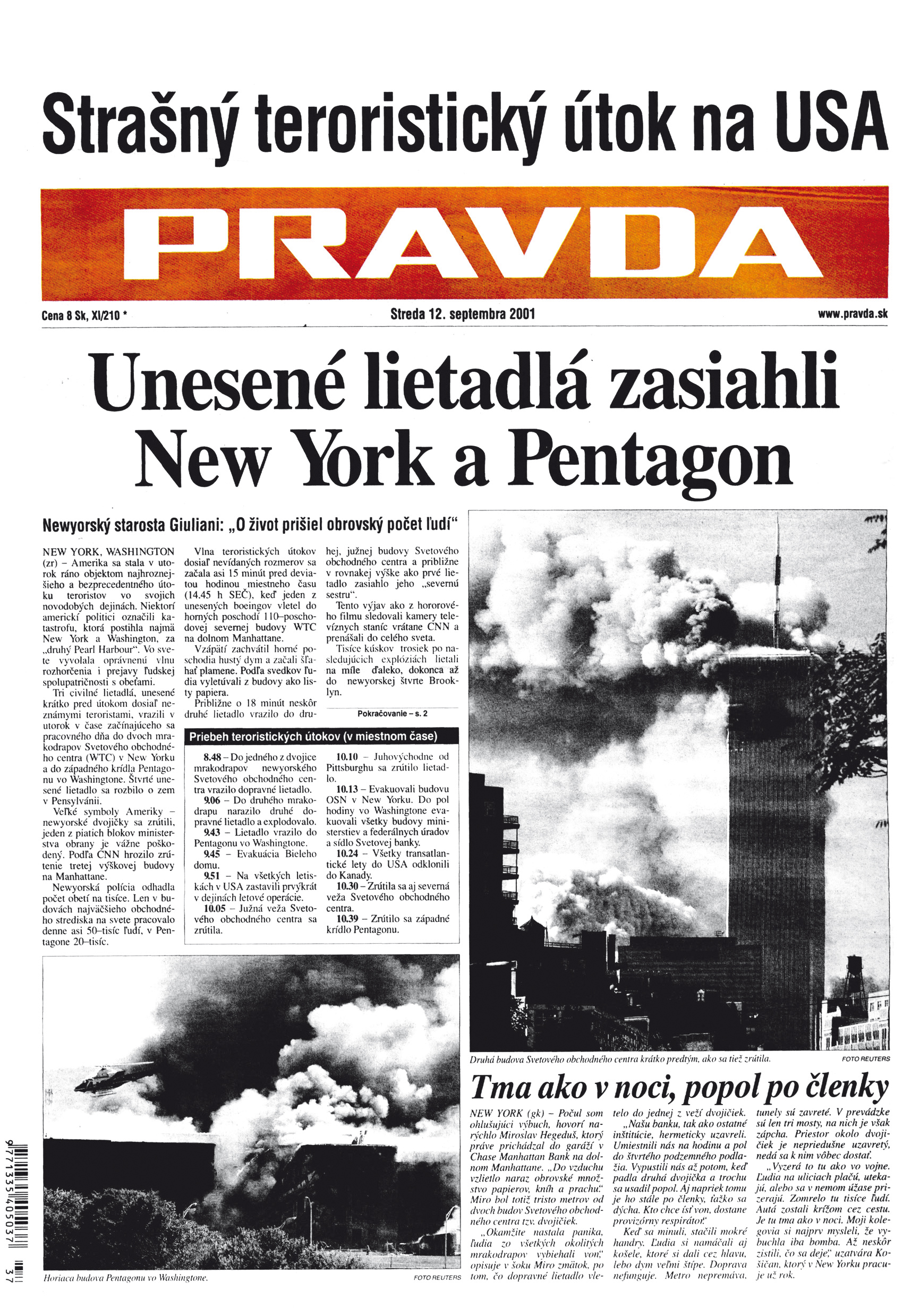 Titulná strana denníka Pravda z 12. septembra 2001.