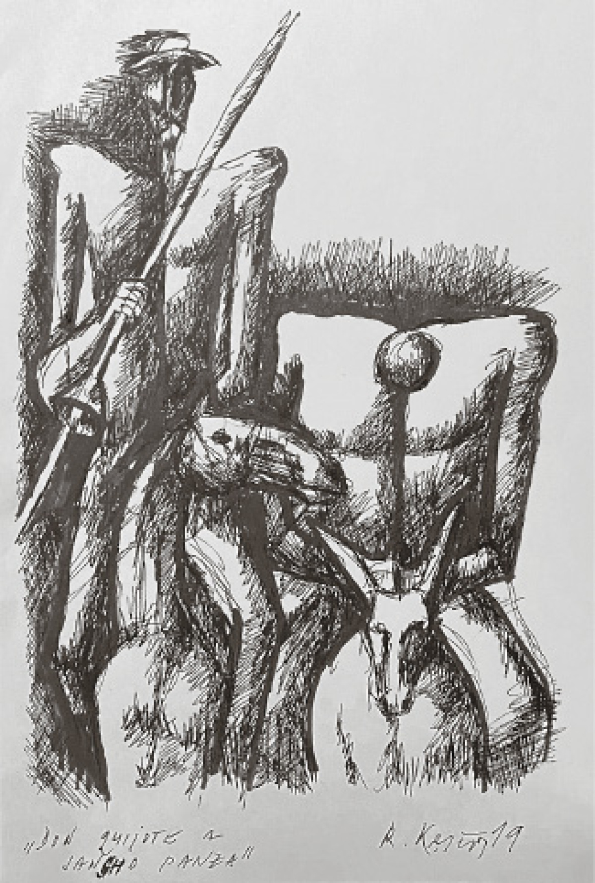 Rytier Don Quijote de la Mancha a jeho verny zbrojnos Sancho Panza  2019  kresba perom  29 x 21 cm  sukromna zbierka.