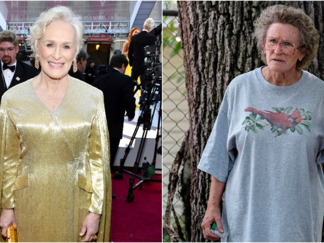 Herečka Glenn Close (vľavo v civile) a ako hrdinka filmu Hillbilly Elegy z produkcie Netflix. 