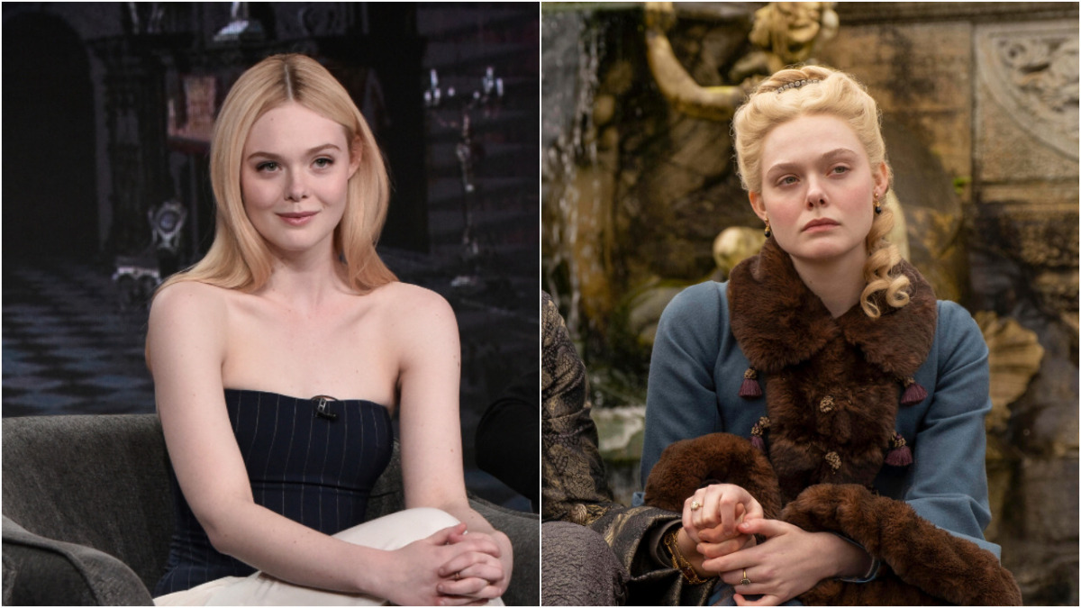 Herečka Elle Fanning (vľavo v civile) a ako cárovná Katarína Veľká v seriáli The Great. 