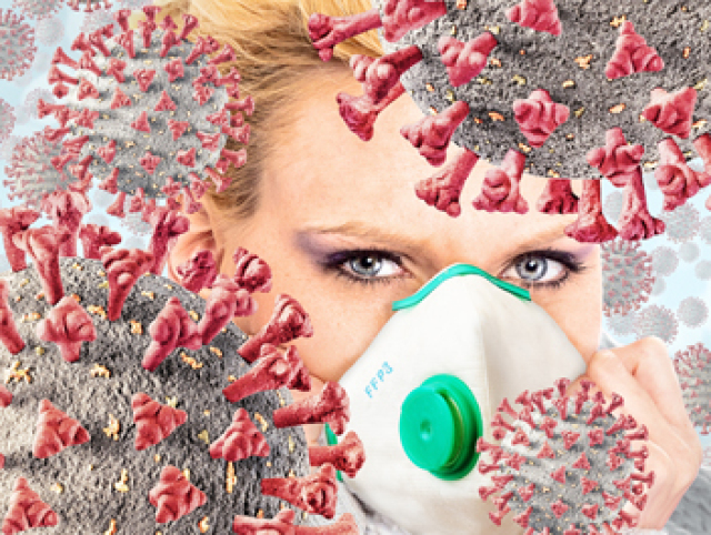 3D illustration of Corona Viruses flying in the air and woman with FFP3 protection mask 