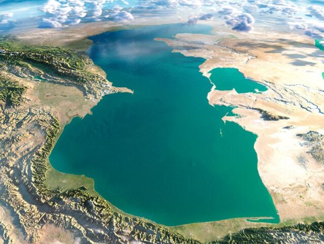 Highly detailed fragments of the planet Earth with exaggerated relief, translucent ocean and clouds, illuminated by the morning sun. Caspian Sea. Elements of this image furnished by NASA