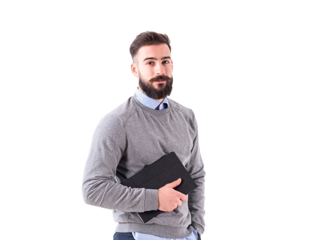 muž, brada, tablet, úsmev