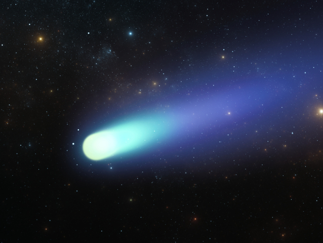 Falling bright comet and tail with large dust and gas trails  on sky background. 3d illustration