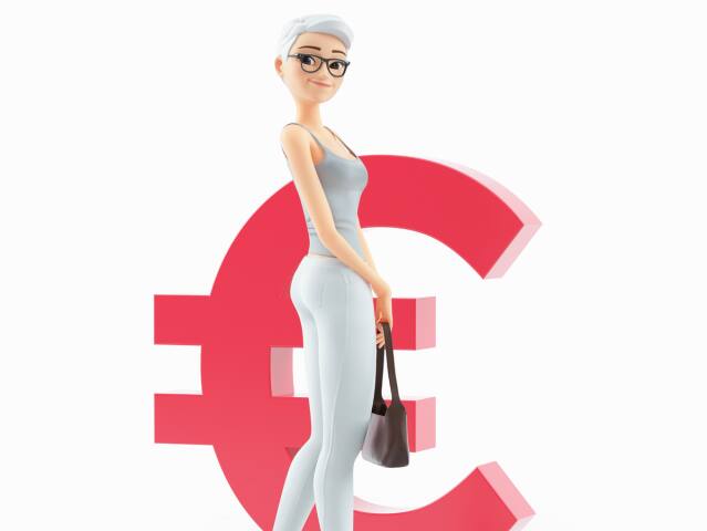 euro, €, dôchodkyňa, animácia, úsmev, postavička