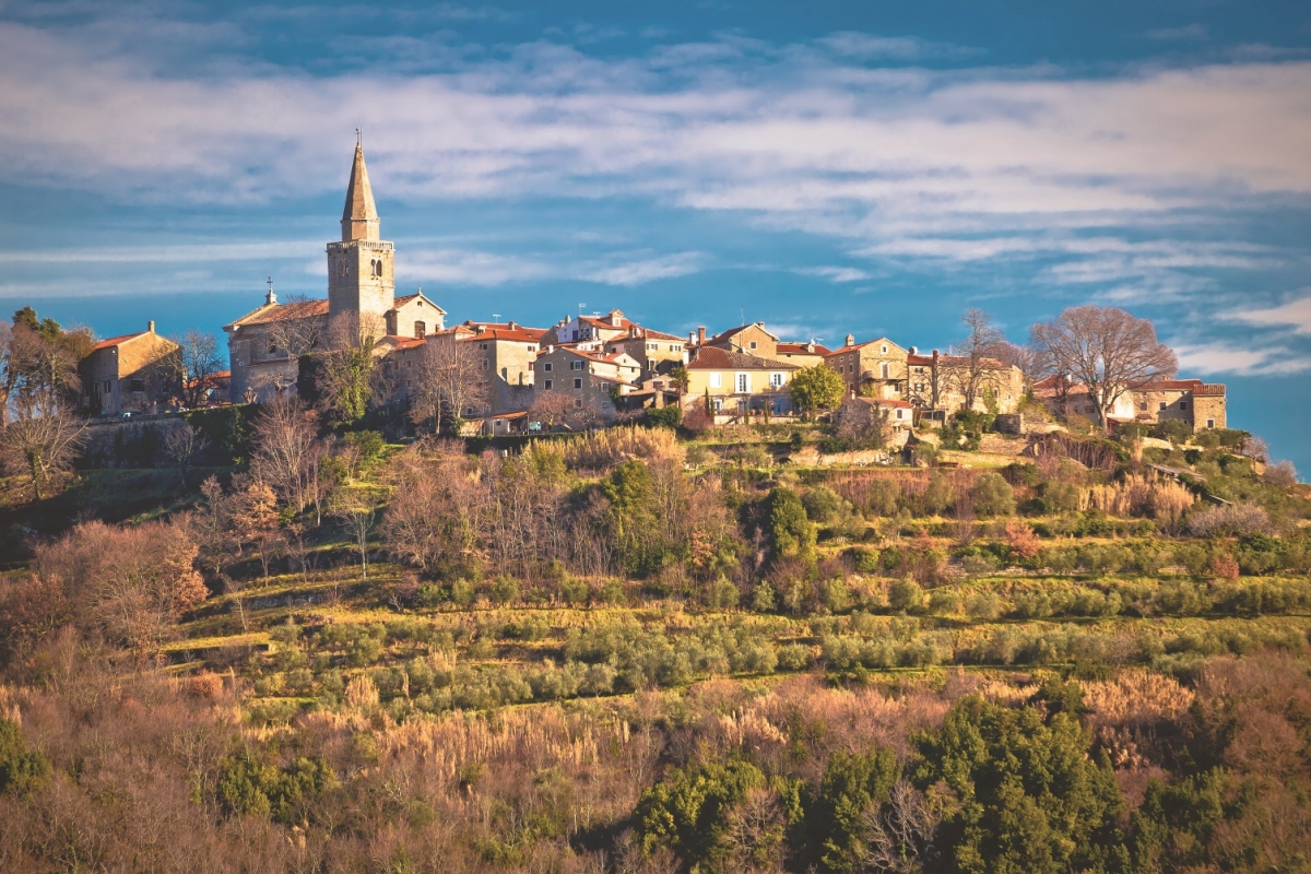 Idyllic hill village of Groznjan view, landscape and architecture of Istria, Croatia