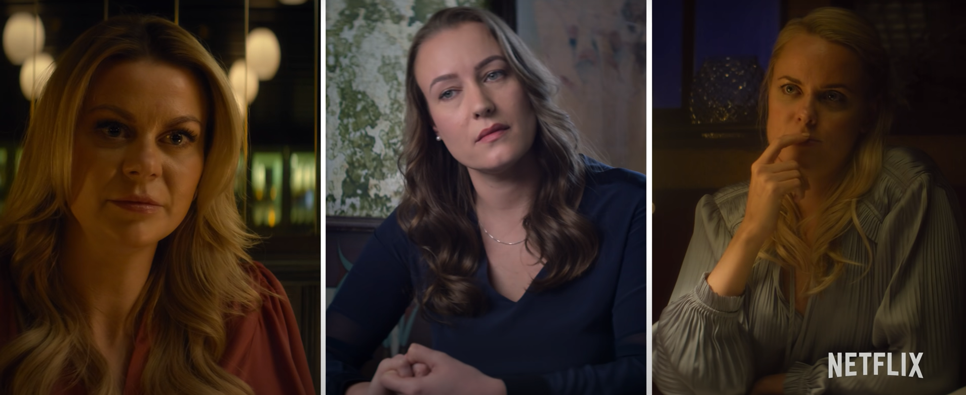 Tri mladé ženy, od ktorých podvodník známy ako Simon Leviev vymámil desaťtisíce dolárov. Obetí je ale omnoho viac. Záber z dokumentu Podvodnik z Tinderu na Netflixe.