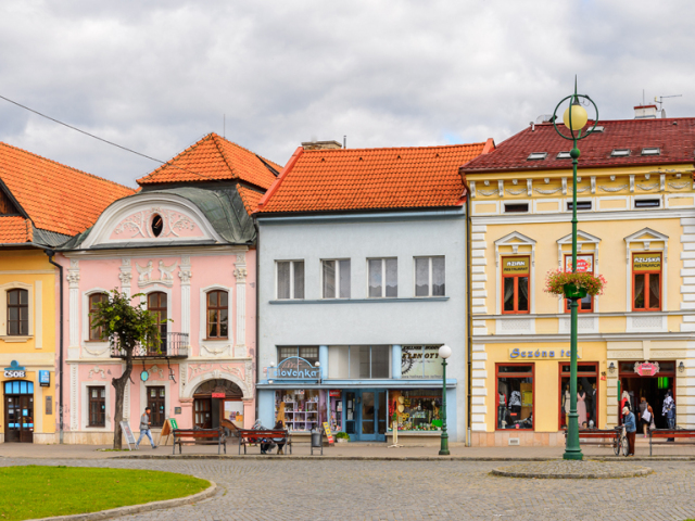 KEZMAROK, SLOVAKIA - SEP 26, 2016: Colourful houses on the Main street of Kezmarok, Slovakia, a small town in Spis region, Poprad river.