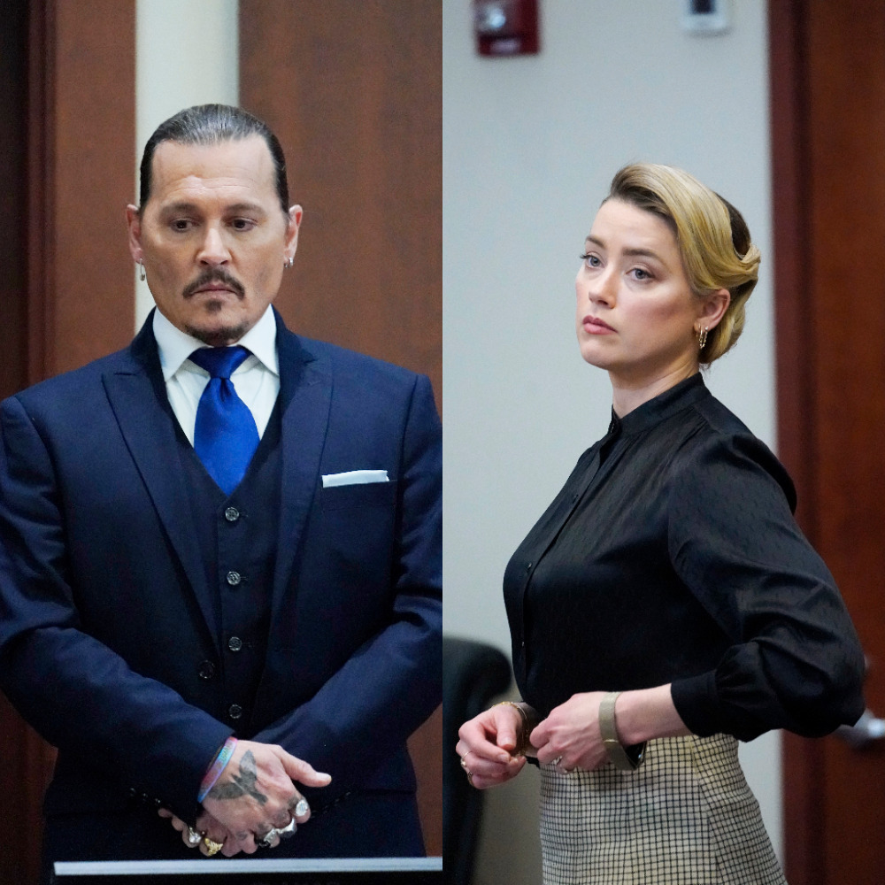 Herec Johnny Depp a jeho exmanželka - herečka Amber Heard - na kombinácii záberov zo súdneho procesu vo Fairfaxe.