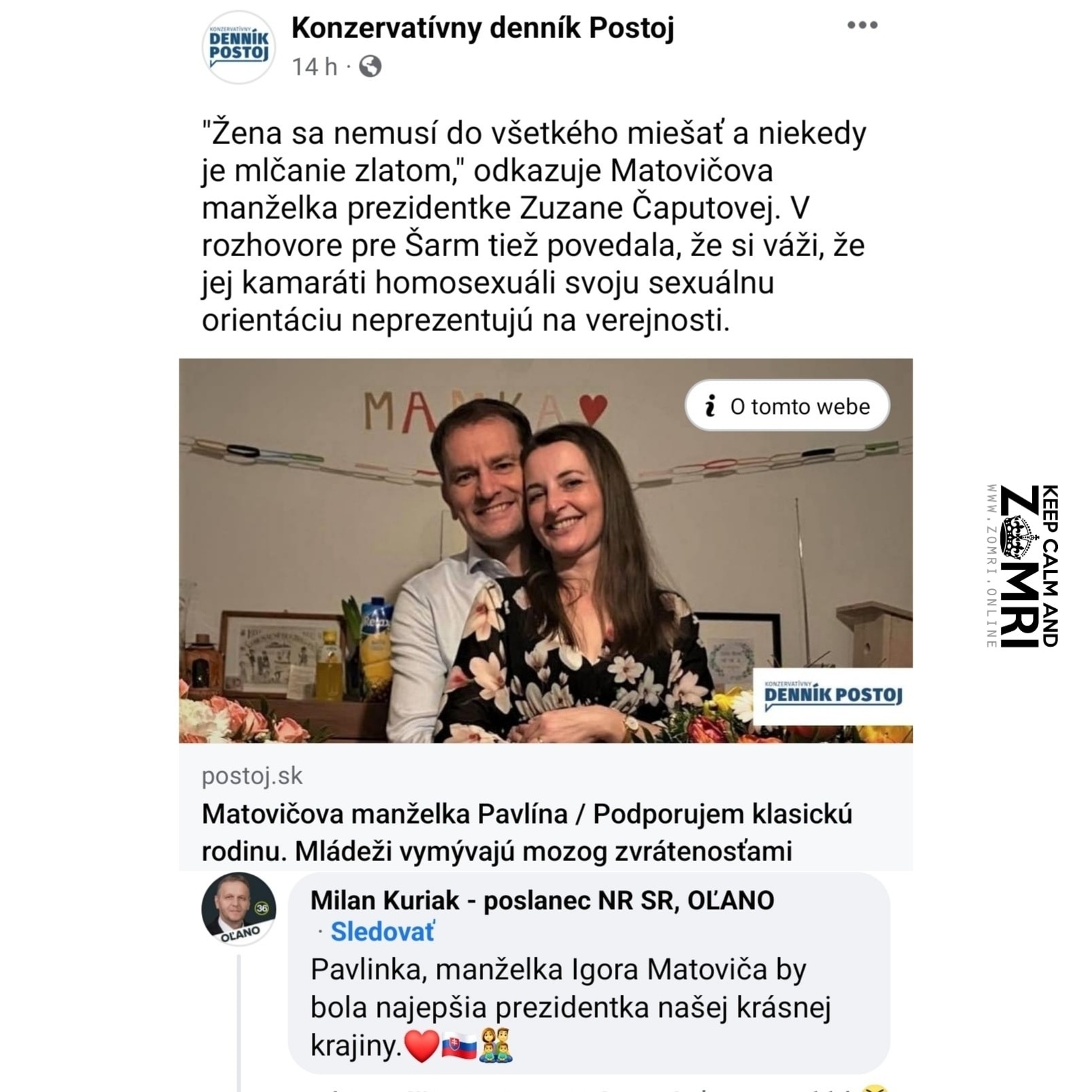Komentár poslanca OľaNO Milana Kuriaka k statusu na facebookovej stránke konzervatívneho denníka Postoj.