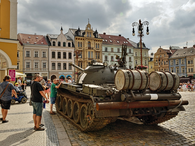 Liberec, Czech republic - August 21, 2018: soviet occupation tank on Namesti Dr. Benese square during remember to 50 years after Soviet occupation of Czechoslovakia in year 1968