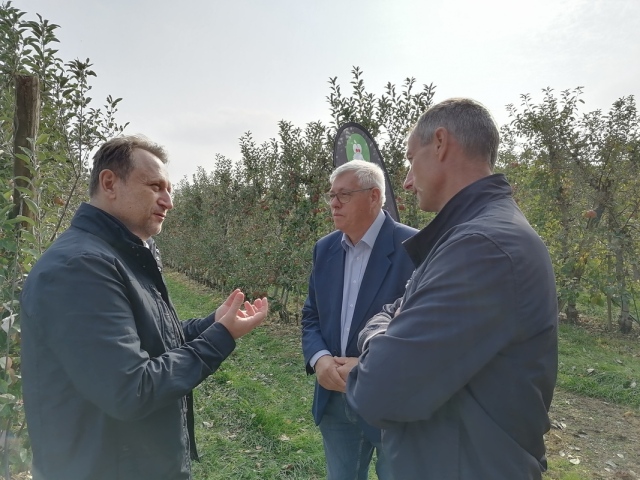 Minister Samuel Vlčan a ovocinári Marián Varga uprostred a Jozef Vozár.