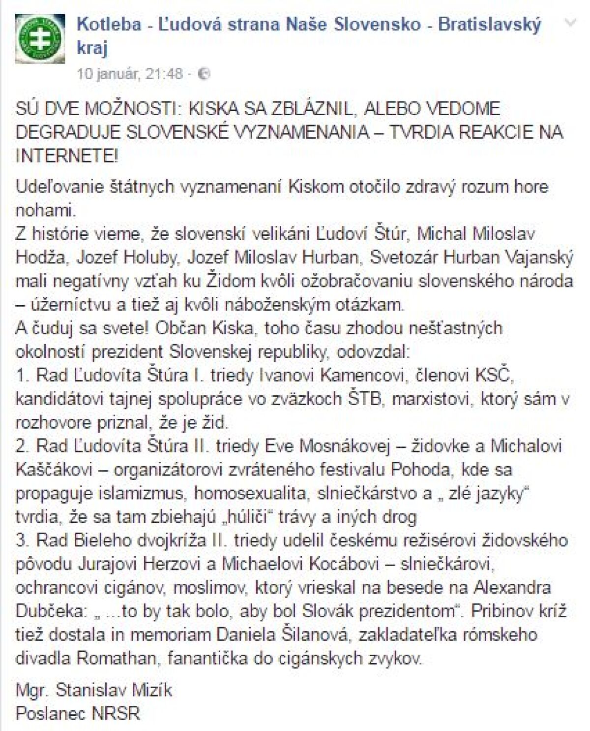 Poslanec Mizík status