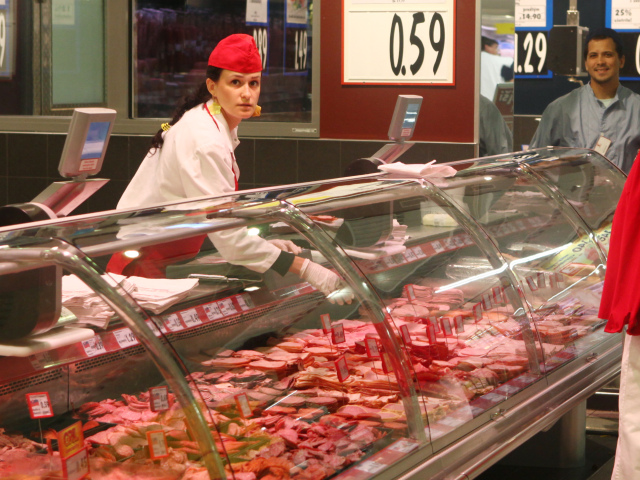 obchod, potraviny, supermarket, zakaznik, nakupovanie, maso, ude