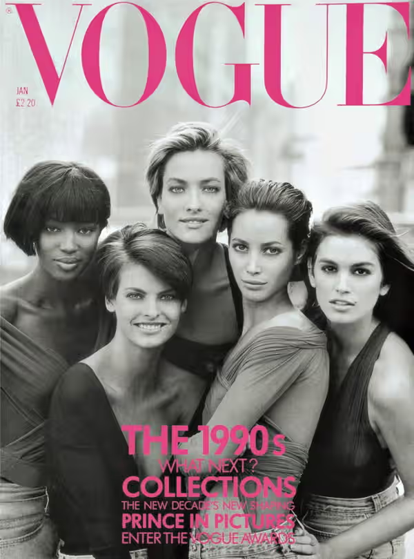 Slávne modelky na ikonickej titulke Vogue z 90. rokov. Zľava Naomi Campbell, Linda Evangelista, Tatjana Patitz, Christy Turlington a  Cindy Crawford.