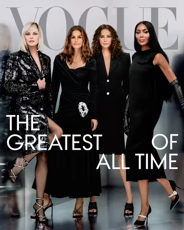 Slávne modelky 90. rokov na titulke Vogue v roku 2023. Zľava Linda Evangelista, Cindy Crawford. Christy Turlington a Naomi Campbell.