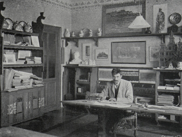 Dušan Samuel Jurkovič vo svojej pracovni, Veveří ul. 14, Brno, 1905. Foto: Deport & Panzer. Repro: Český svět 1905 – 1906, roč. II, č. 2, s. 48