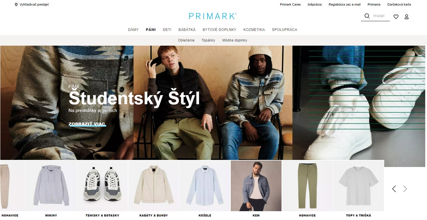 Slovenská webová stránka Primarku s pánskym oblečením.