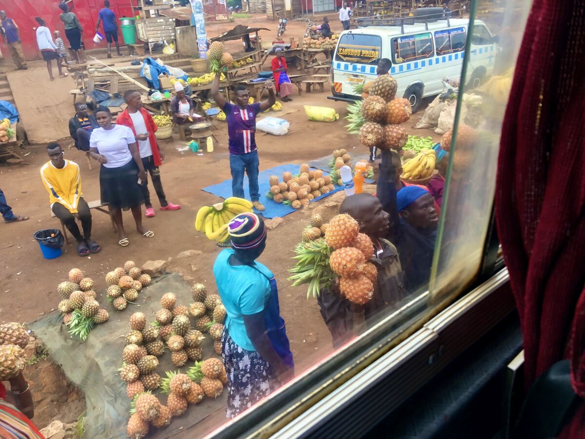 NEPOUZ, Uganda, Ovocie sa bezne ponuka cestujucim v autobuse priamo na zastavkach