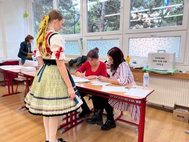 parlamentné voľby 2023, volič, hlasovanie, urna, folklór