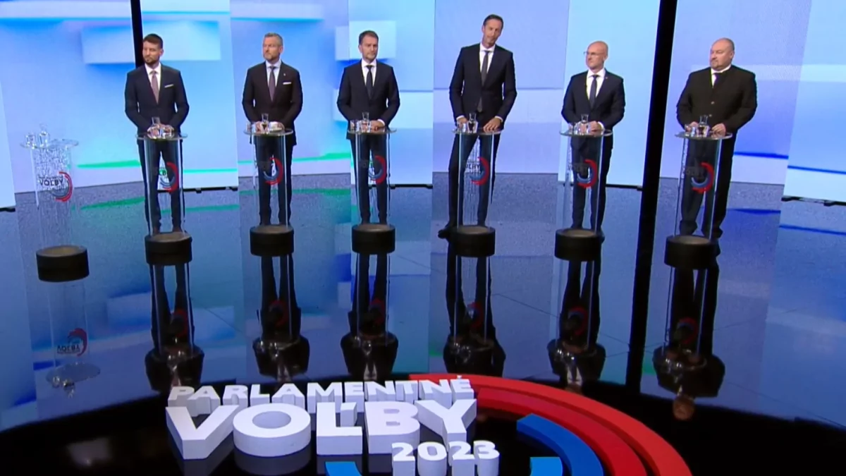 V povolebnej diskusii O 5 minút 12 holi hosťami: (zľava) Michal Šimečka (PS), Peter Pellegrini (Hlas-SD), Igor Matovič (OĽaNO), Milan Majerský (KDH), Branislav Gröhling (SaS) a Rudolf Huljak (SNS).