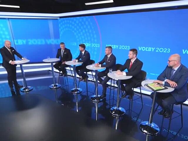 Finálová debata Televízie TA3 s lídrami štyroch strán: zľava moderátor Richard Dírer, Robert Fico (Smer-SD), Michal Šimečka (PS), Peter Pellegrini (Hlas-SD), Milan Uhrík (Republika) a Richard Sulík (SaS).