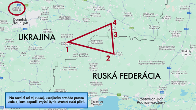 Zo zverejnej fotografie sa redakcii Defence News podarilo lokalizovať miesta dopadu štyroch ruských pilotov zo zostrelených lietadiel Su-34 a Su-35 počas bojov o obec Avdijivka - vľavo hore v krúžku.