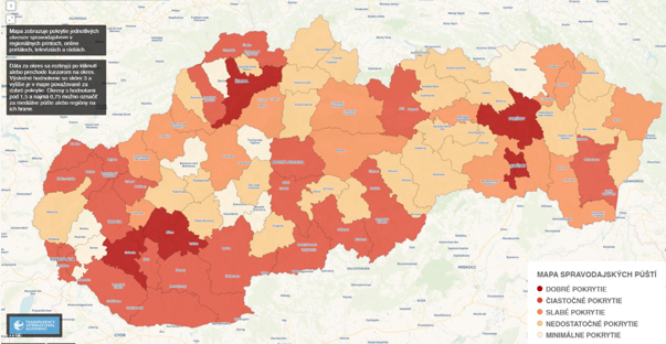 Mapa spravodajských púští Slovenska. Po kliknutí na obrázok sa zobrazí interaktívna mapa s podrobnosťami o jednotlivých okresoch.