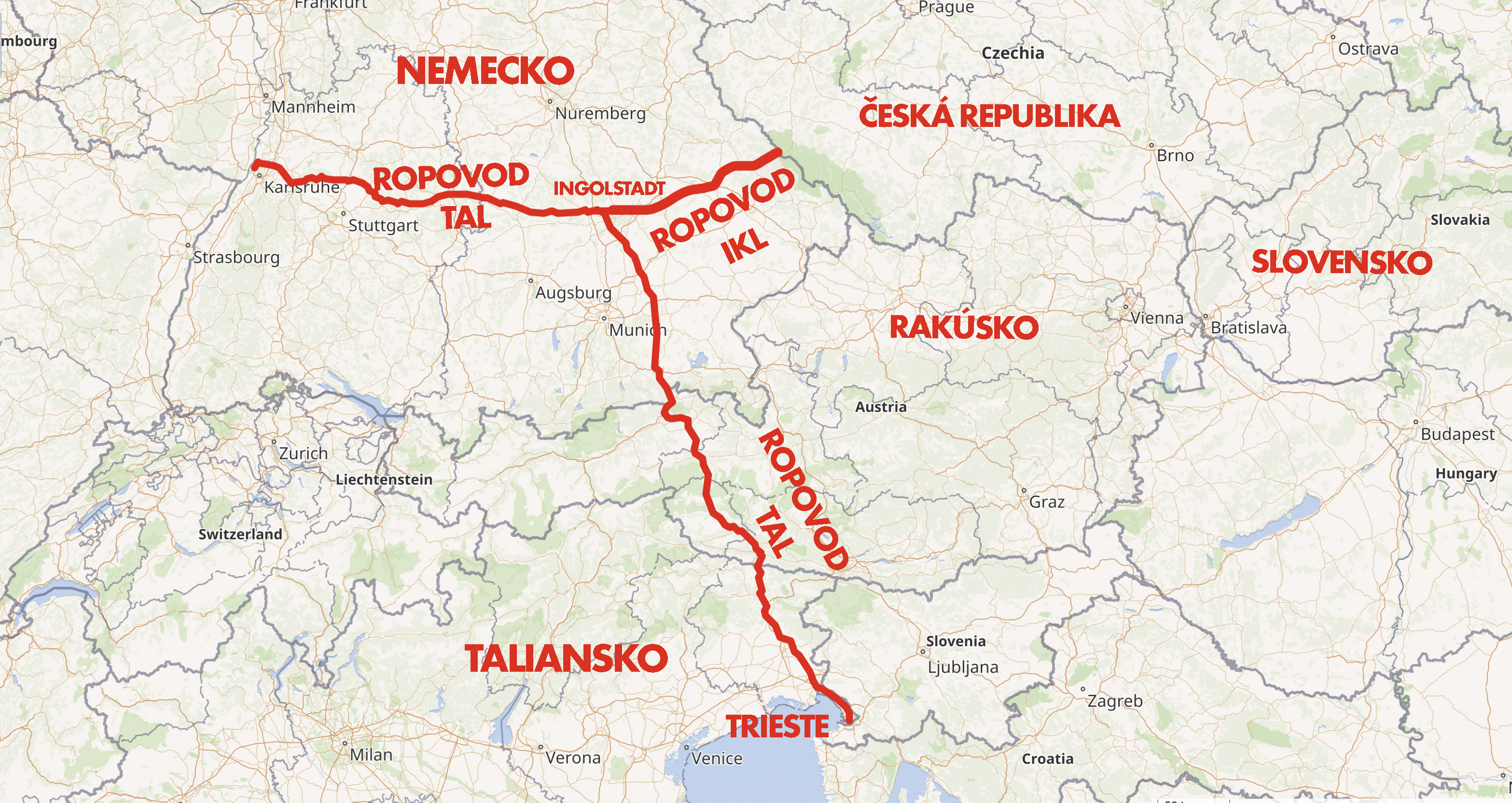 Transalpínsky ropovod (TAL) vedie z ropného terminálu v talianskom Trieste cez rakúsko do nemeckého Ingolstadtu, kde sa rozvetvuje smerom na západ do Karlsruhe a na východ do Českej republiky.