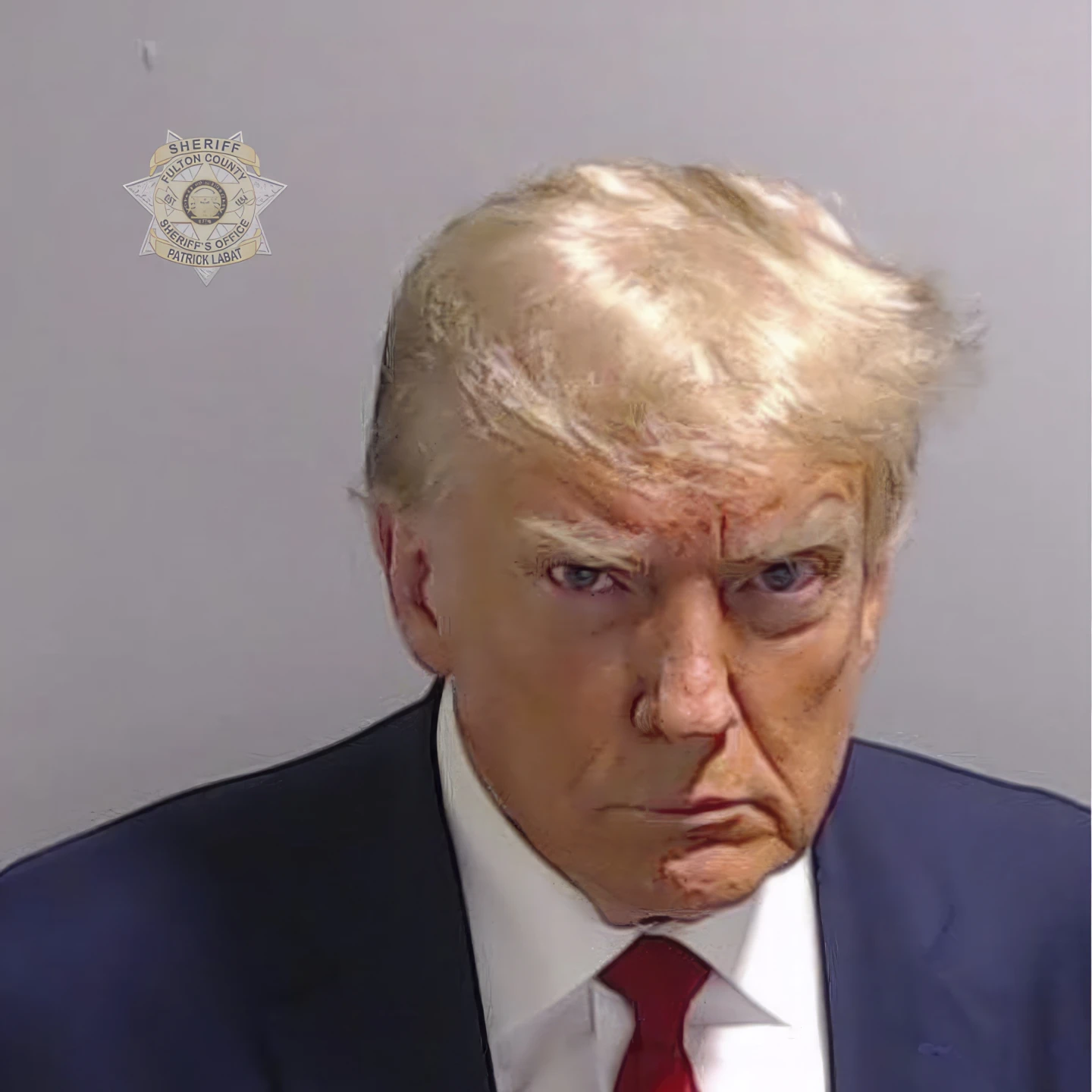 Donald Trump na policajnej fotografii, z ktorej sa stalo meme.