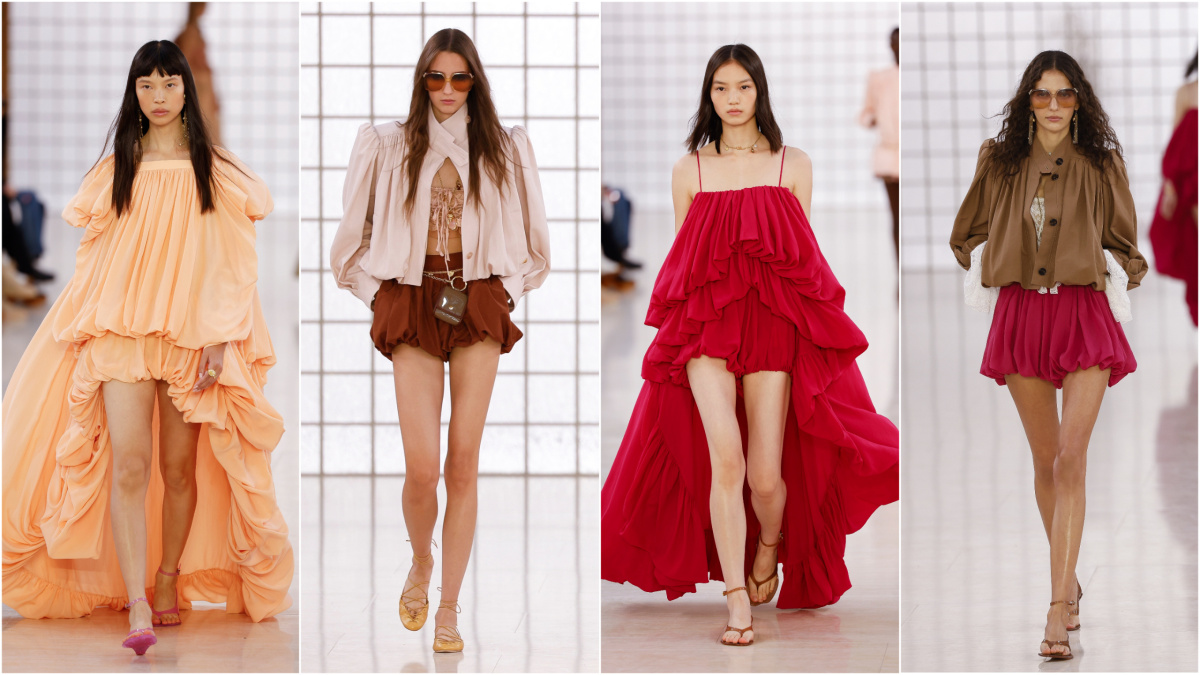 Modelky na prehliadke ateliéru Chloé Jar/Leto 2025. 