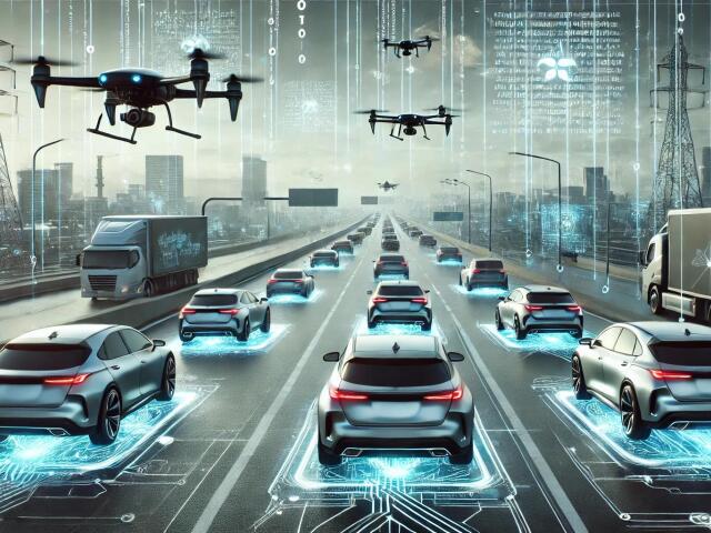 A futuristic scene featuring a fleet of connected 