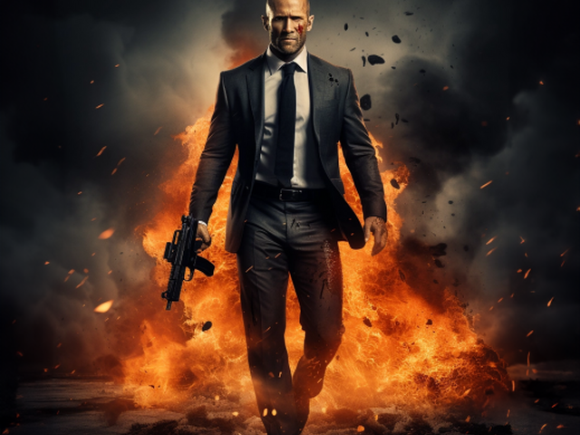 Jason Statham, AI, hrdina, zbraň, plešatý, výbuch, oheň