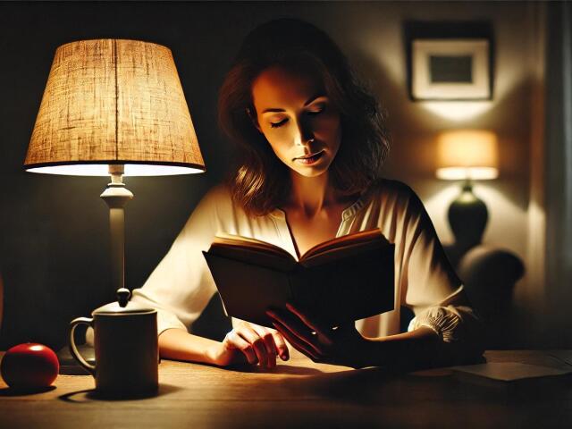 A 16 9 image of an adult woman reading a book at a