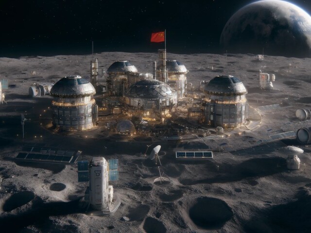 DALL E 2024-10-30 12.20.24 - A detailed image of a futuristic Chinese lunar base on the surface of the moon. The base consists of advanced structures  domed buildings  and connect