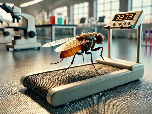 DALL E 2024-10-31 19.46.07 - A close-up  high-detail image of a Drosophila fly  fruit fly  on a small treadmill-like running belt in a laboratory setting. The treadmill appears sc