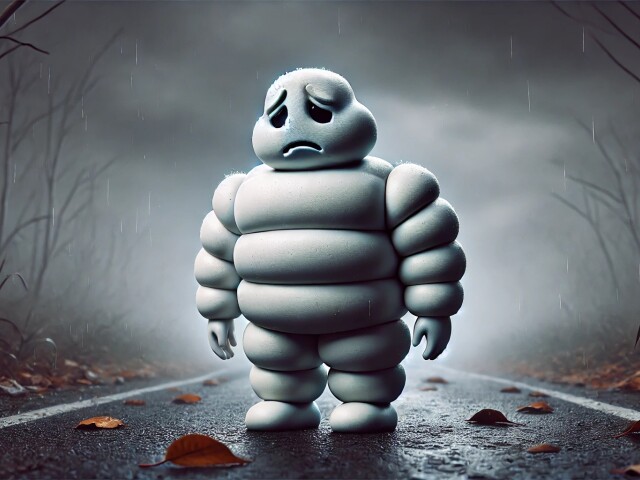 DALL E 2024-11-05 18.45.36 - Create a 16 9 image of a sad Bibendum  the Michelin Man  standing in a misty  dimly lit scene with a gray  overcast sky. He appears slightly slumped w
