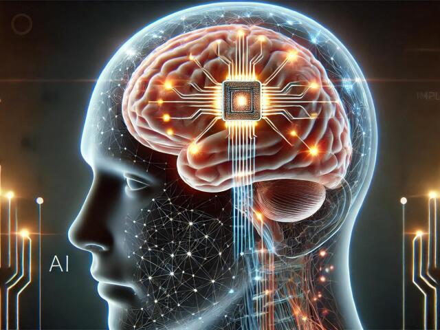 Create a 16 9 image of a human brain with an impla