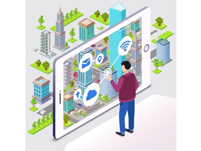Smart city vector illustration of smartphone app wireless technology