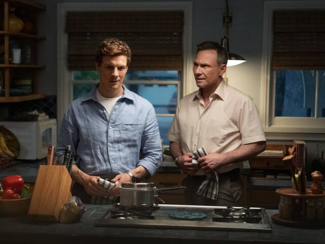 L-R Patrick Gibson as Dexter Morgan and Christian Slater as Harry Morgan in Dexter: Original Sin, streaming on Paramount+, 2024