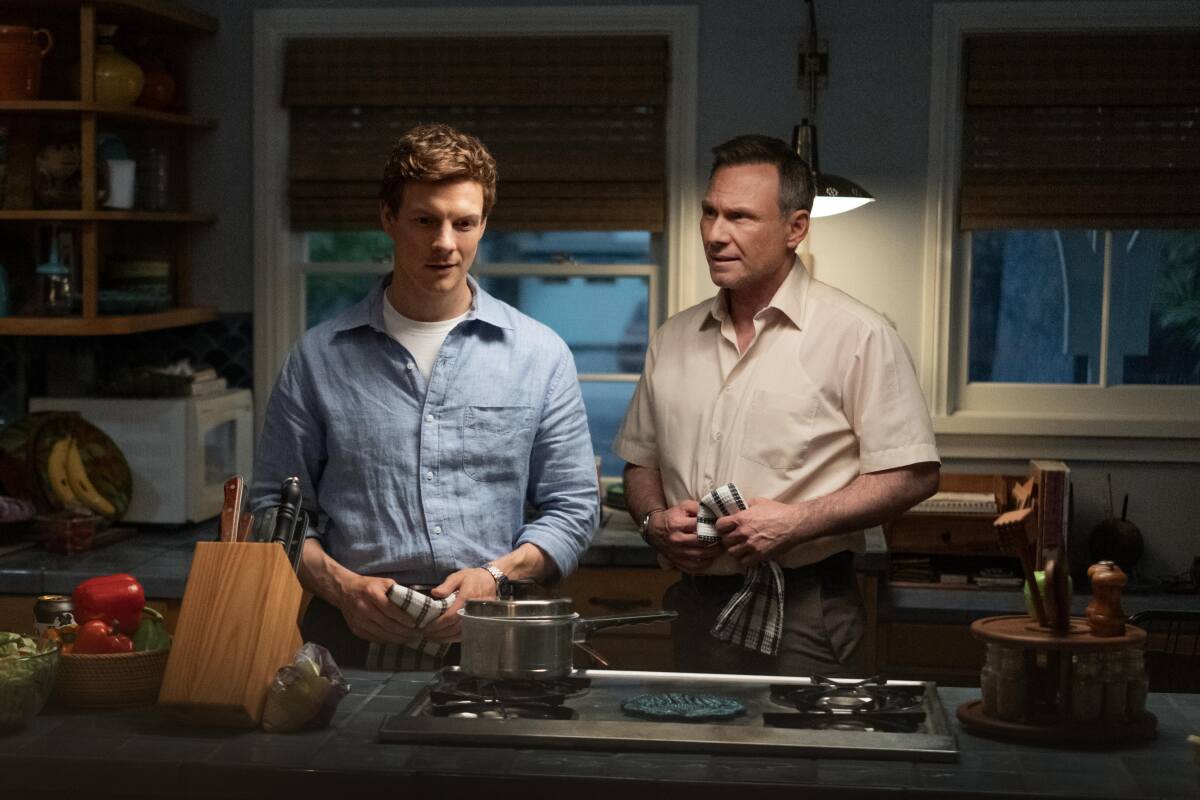 L-R Patrick Gibson as Dexter Morgan and Christian Slater as Harry Morgan in Dexter: Original Sin, streaming on Paramount+, 2024
